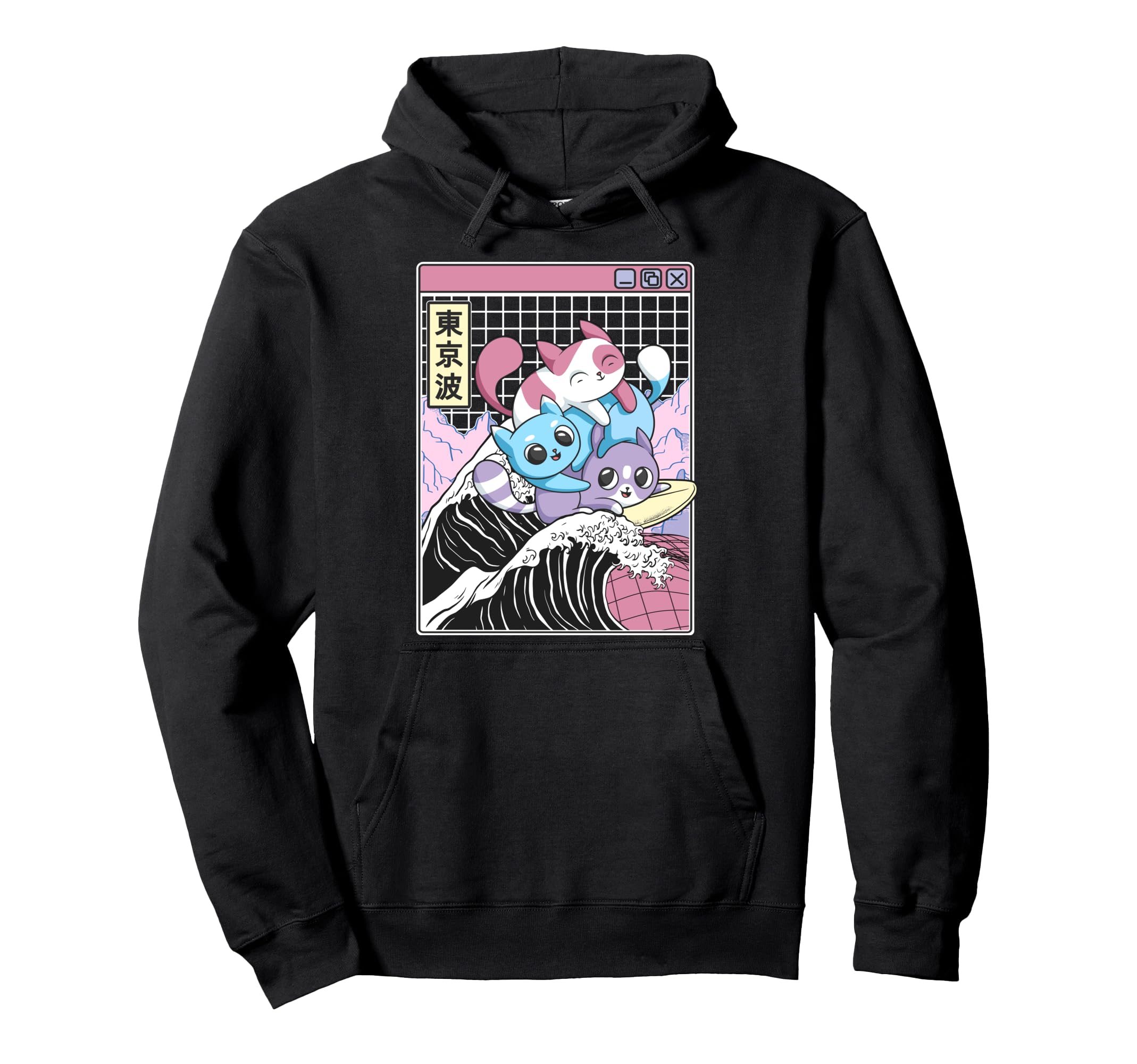 Playing Cats Surfing Kanagawa Wave Kawaii Hoodie - Unique Graphic Unisex - T-Shirt, Sweatshirt, Hoodie