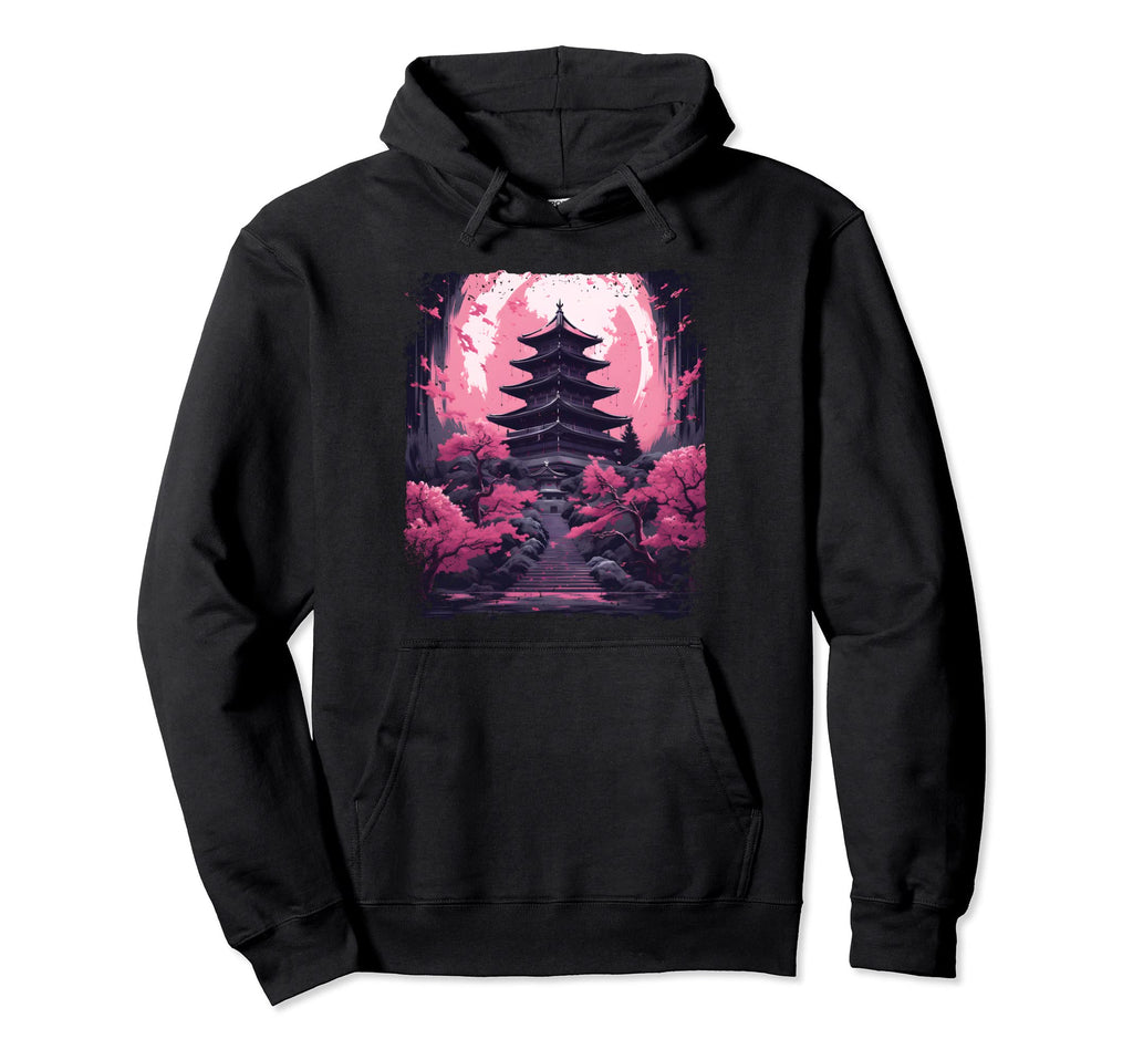 Cherry Blossom Sakura Tree Temple Hoodie - Custom Art Print Unisex - T-Shirt, Sweatshirt, Hoodie