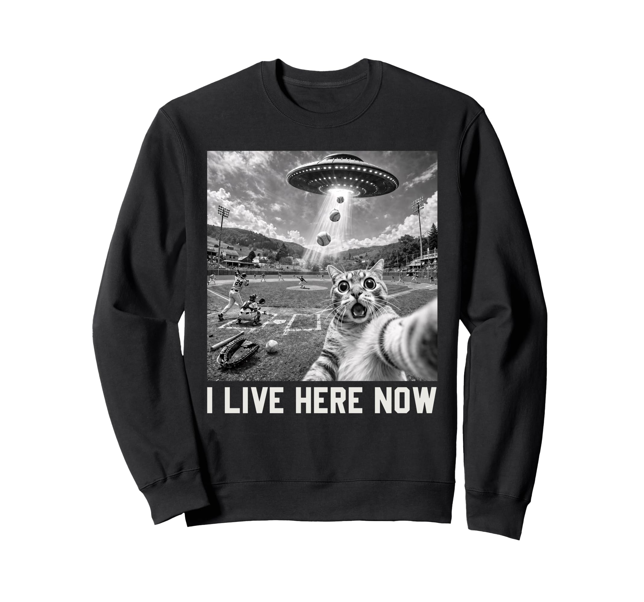 Cat Selfie Ufo Ballfield Sweatshirt - Aesthetic Graphic for Adults - T-Shirt, Sweatshirt, Hoodie