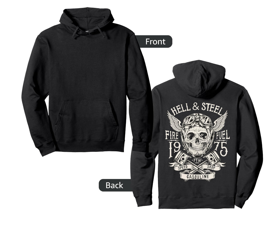Hell And Steel Skull And Pistons Motorcycle Hoodie - Graphic Print Unisex - T-Shirt, Sweatshirt, Hoodie