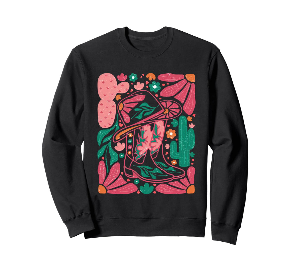 Western Boho Cowgirl Boot Hat Flower Sweatshirt - Unique Graphic Unisex - T-Shirt, Sweatshirt, Hoodie