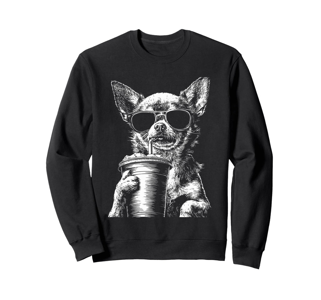 Chihuahua Drinking Iced Coffee Funny Sweatshirt - Unique Graphic Unisex - T-Shirt, Sweatshirt, Hoodie