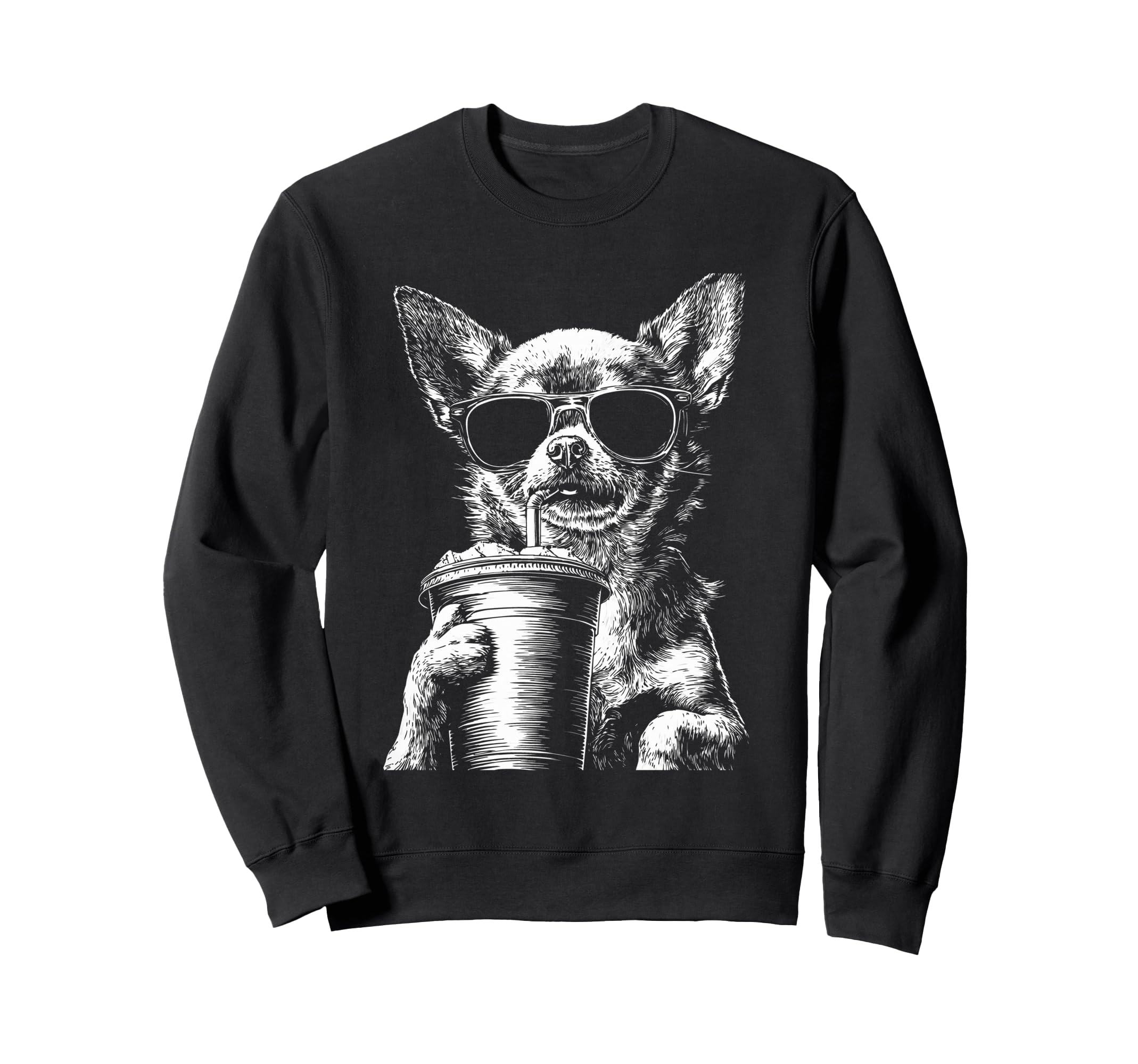 Chihuahua Drinking Iced Coffee Funny Sweatshirt - Unique Graphic Unisex - T-Shirt, Sweatshirt, Hoodie