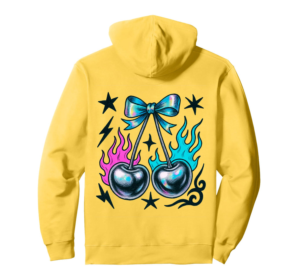Y2K Flame Cherries Colorful Bow Hoodie - Casual Everyday Wear for Adults - T-Shirt, Sweatshirt, Hoodie