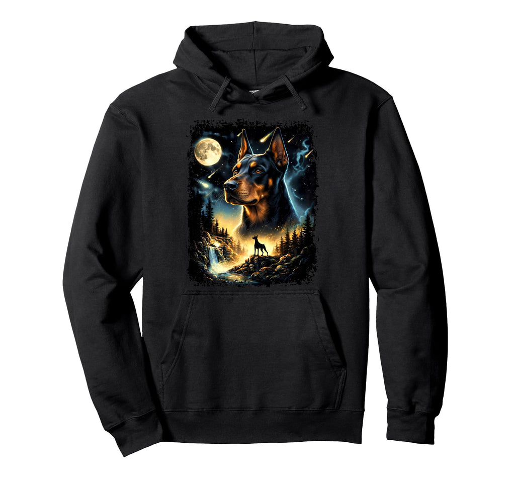 90S Doberman Pinscher Howling Moon Hoodie - Graphic Print for Adults - T-Shirt, Sweatshirt, Hoodie