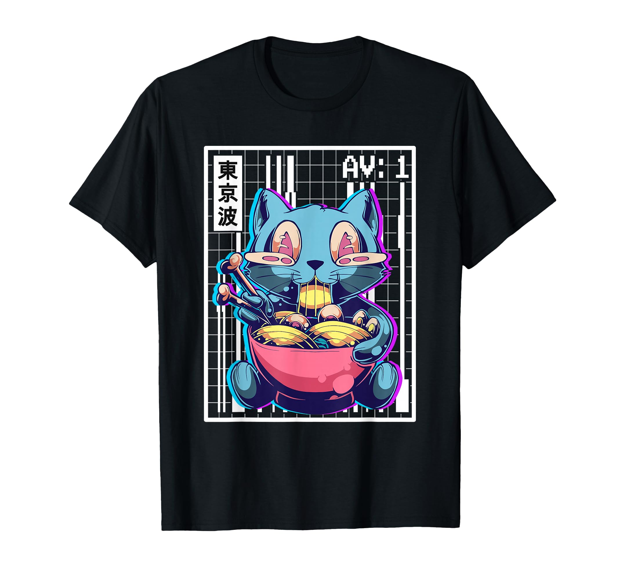 Weirdcore Cat Ramen Grid T-Shirt - Casual Everyday Wear for Adults - T-Shirt, Sweatshirt, Hoodie