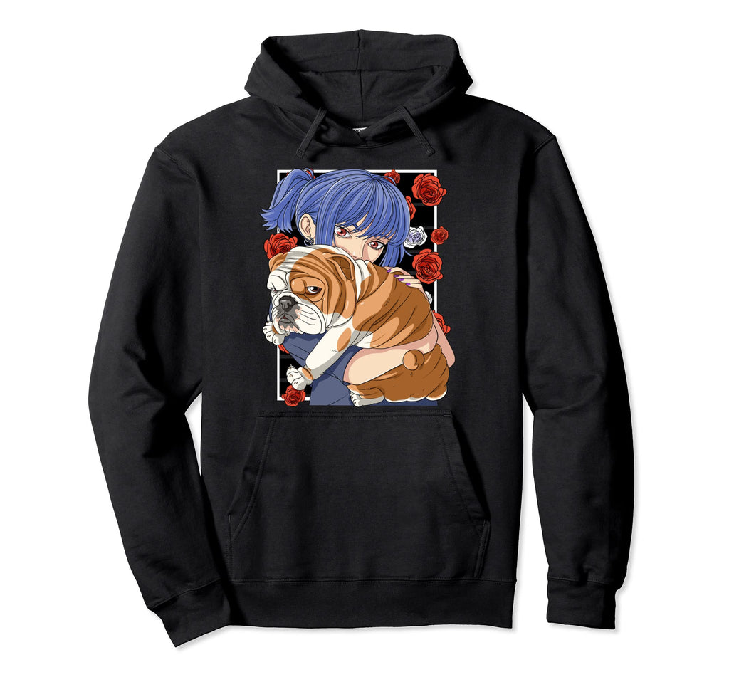 Funny English Bulldog Anime Goth Hoodie - Trendy Graphic for Adults - T-Shirt, Sweatshirt, Hoodie