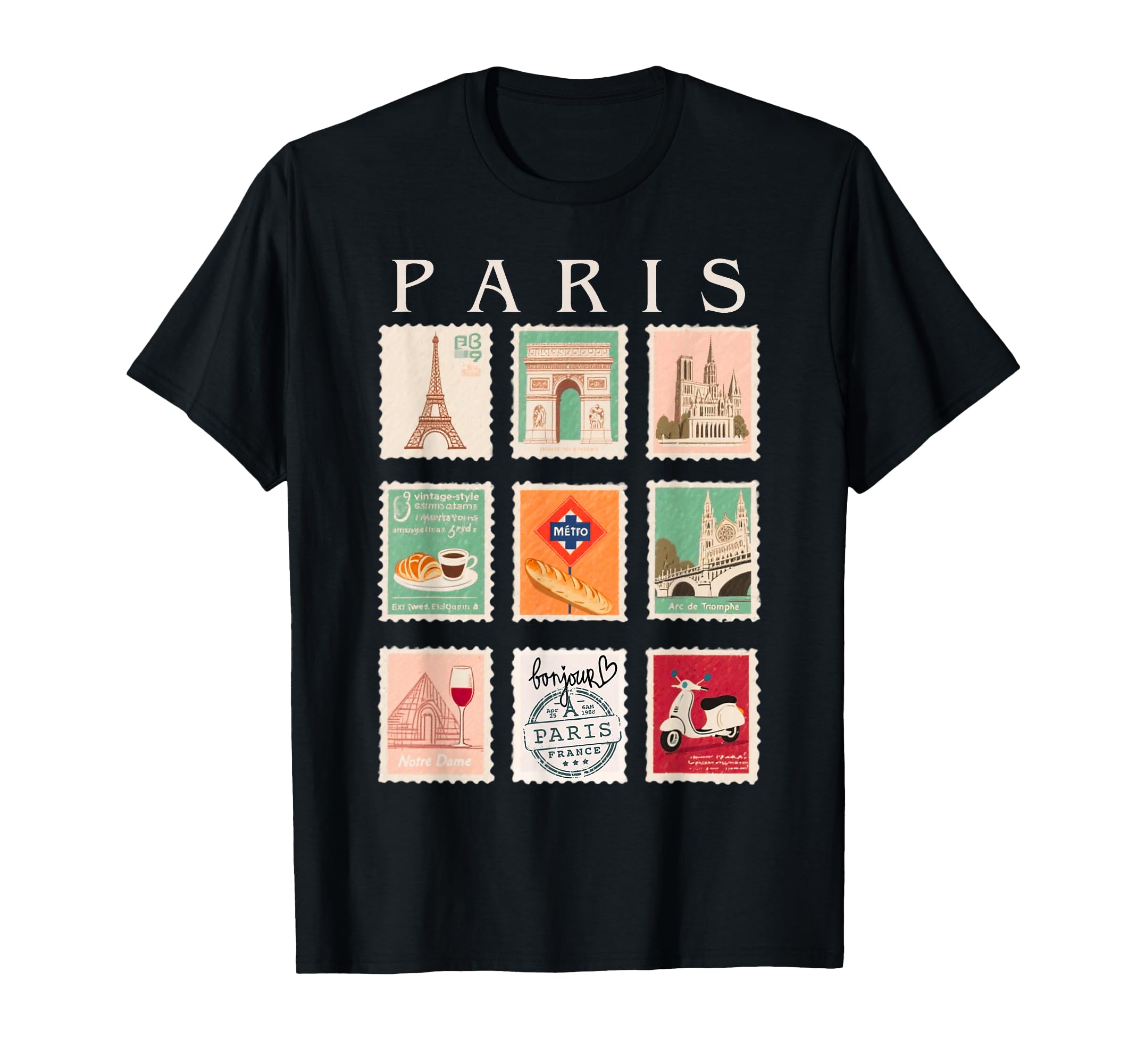 Paris Landmarks Collage Travel Art Stamps T-Shirt - Minimalist Print Unisex - T-Shirt, Sweatshirt, Hoodie