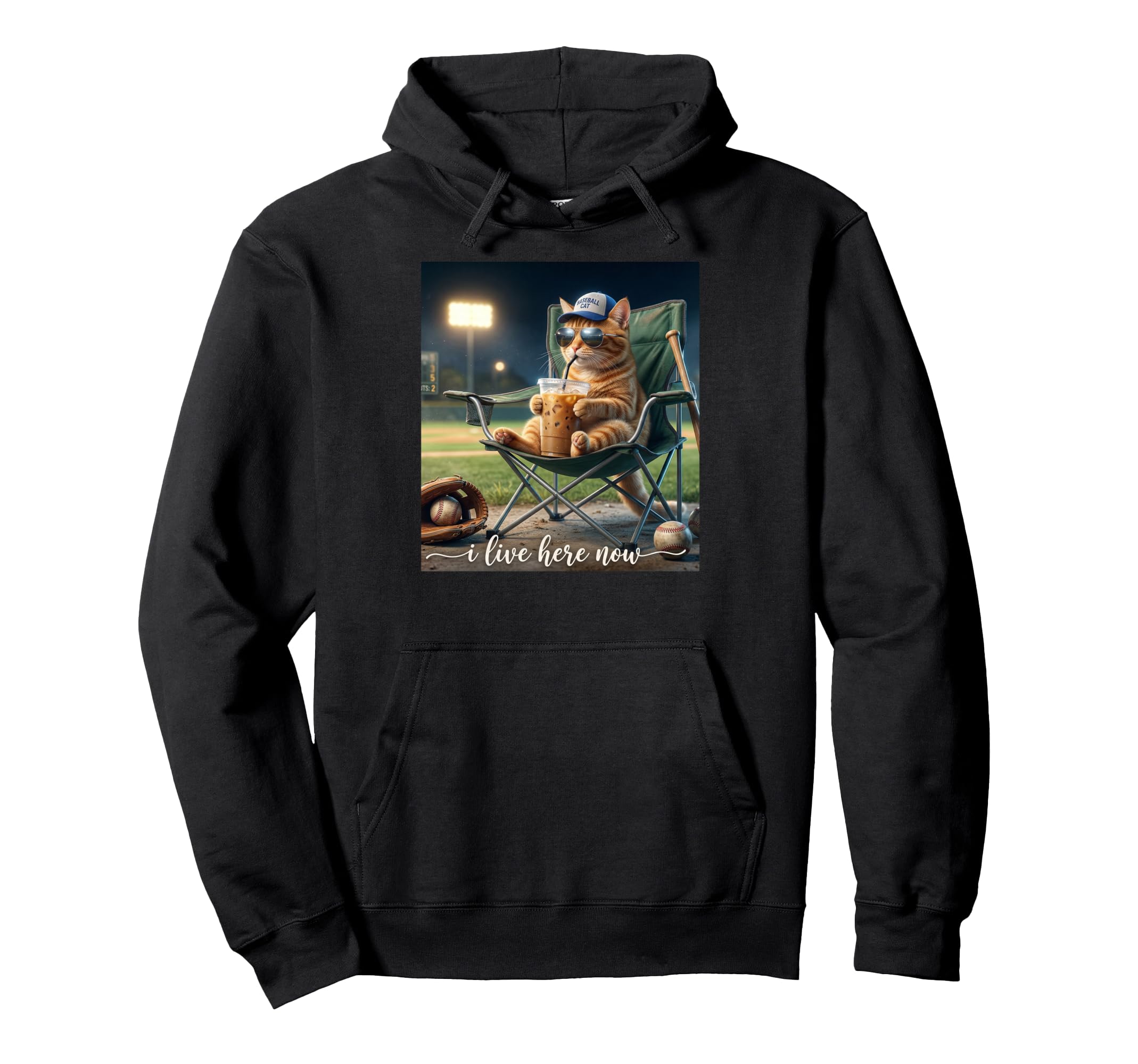 Funny Orange Cat Iced Coffee I Live Here Hoodie - Unique Graphic Unisex - T-Shirt, Sweatshirt, Hoodie