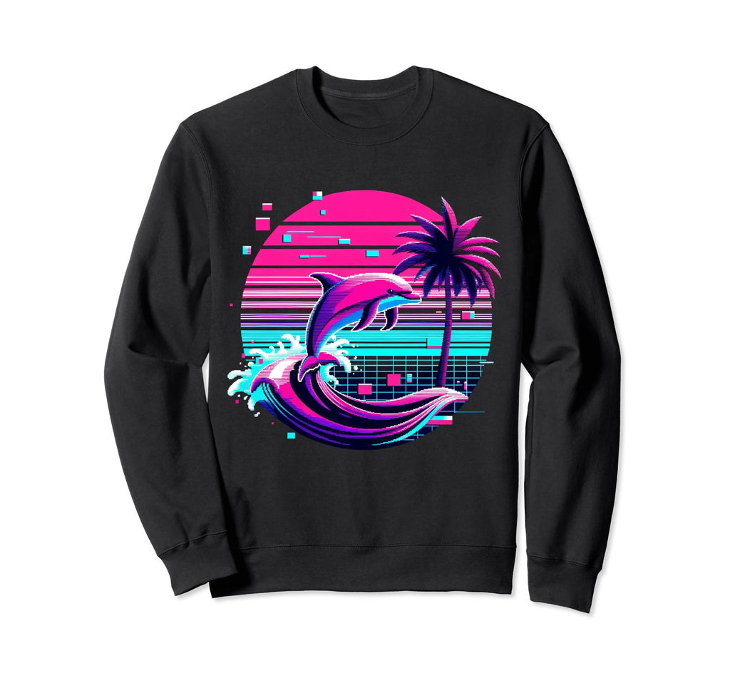 Palm Sunset Dolphin 80S 90S Sweatshirt - Casual Everyday Wear Unisex - T-Shirt, Sweatshirt, Hoodie