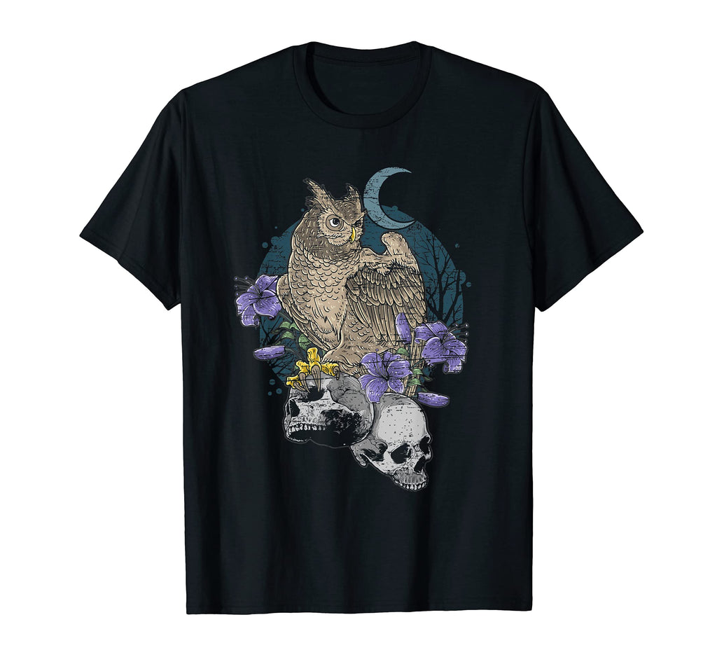 Owl Skulls Purple Flowers Moon Distressed T-Shirt - Custom Art Print Unisex - T-Shirt, Sweatshirt, Hoodie