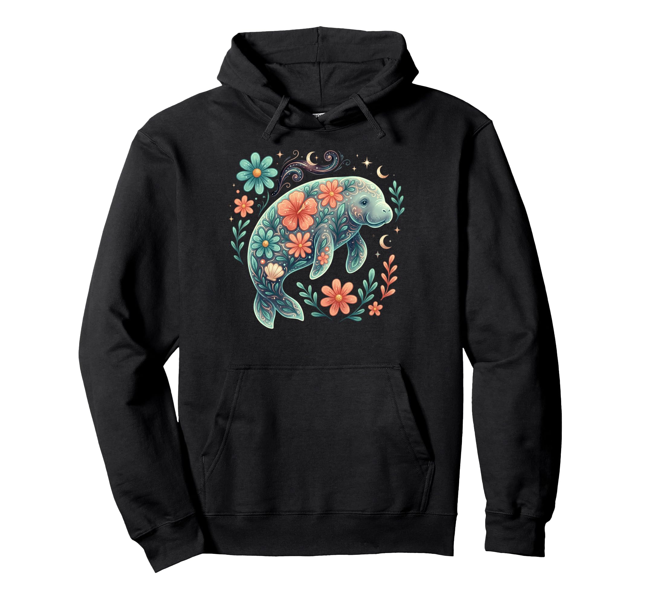 Floral Boho Manatee Summer Coastal Hoodie - Aesthetic Graphic for Adults - T-Shirt, Sweatshirt, Hoodie