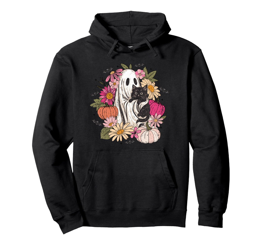 Ghost Black Cat Floral Boho Hoodie - Fun Novelty Design Men Women - T-Shirt, Sweatshirt, Hoodie