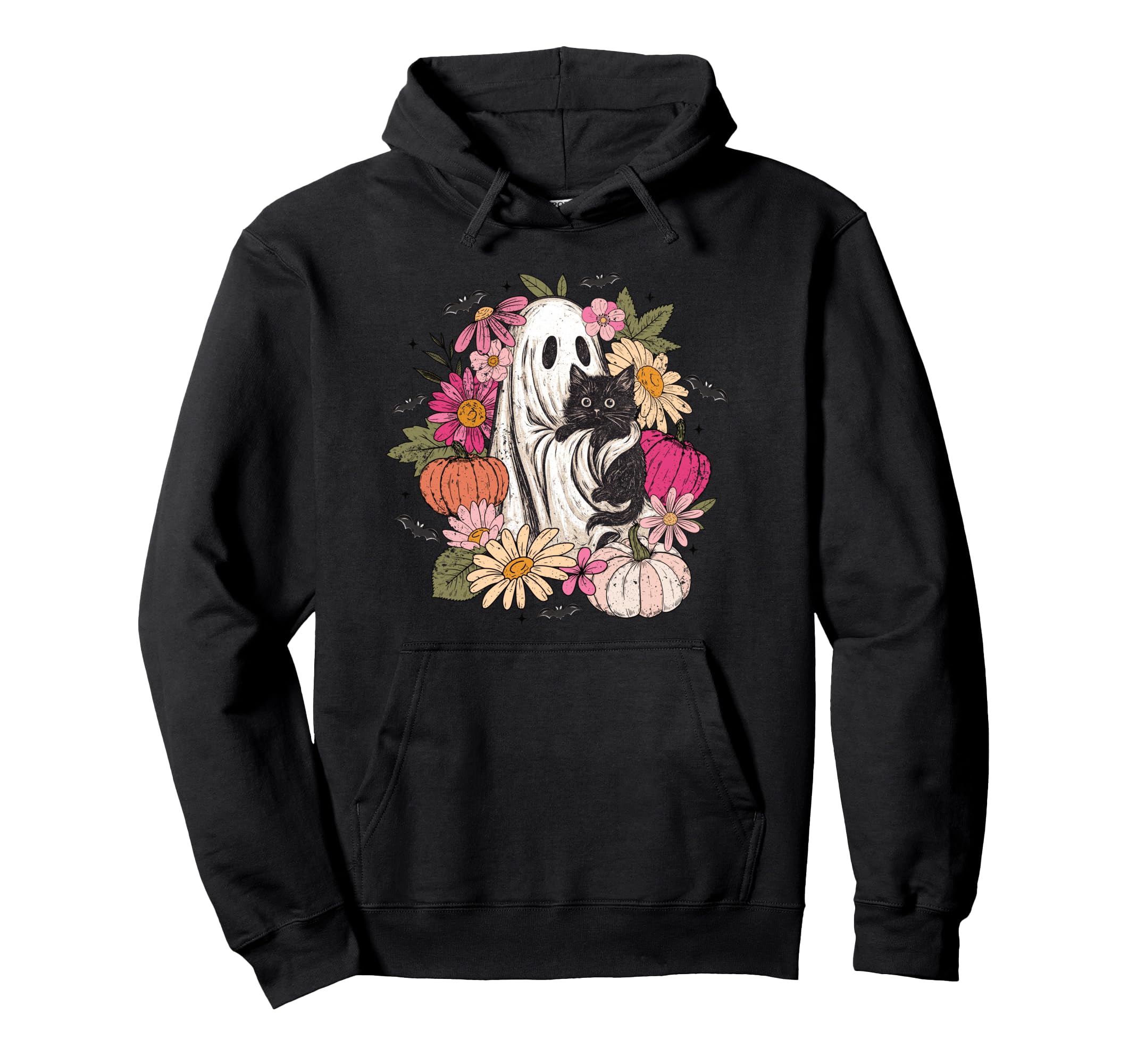 Ghost Black Cat Floral Boho Hoodie - Fun Novelty Design Men Women - T-Shirt, Sweatshirt, Hoodie