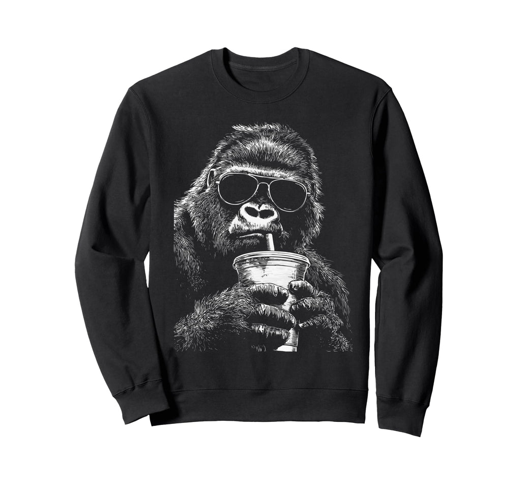 Gorilla Drinking Iced Coffee Funny Sweatshirt - Trendy Graphic for Adults - T-Shirt, Sweatshirt, Hoodie
