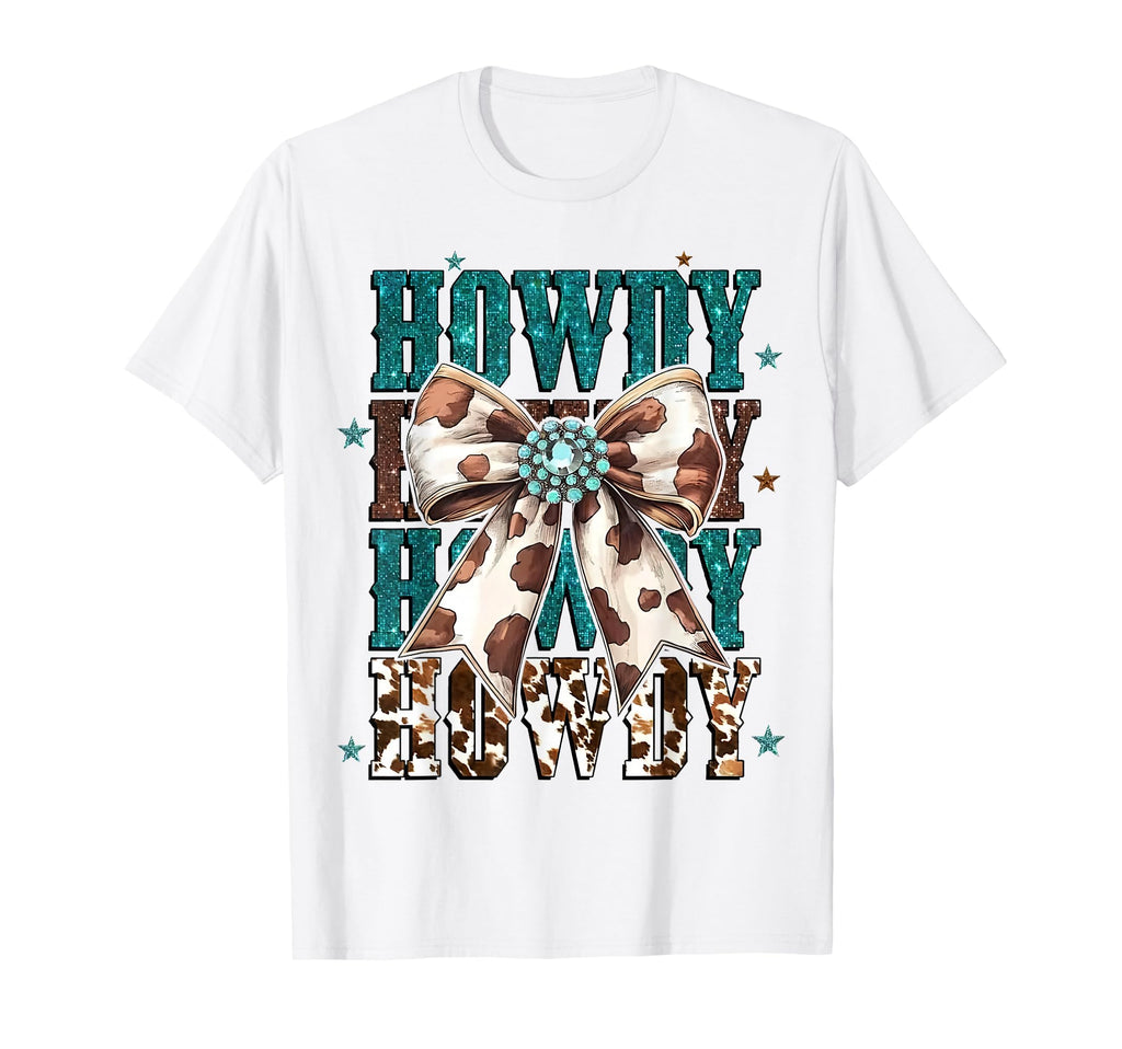 Turquoise Cowhide Howdy Cowgirl Bow T-Shirt - Custom Art Print Unisex - T-Shirt, Sweatshirt, Hoodie