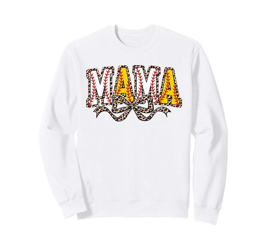 Leopard Baseball Softball Mama Bow Sweatshirt - Novelty Apparel Unisex - T-Shirt, Sweatshirt, Hoodie