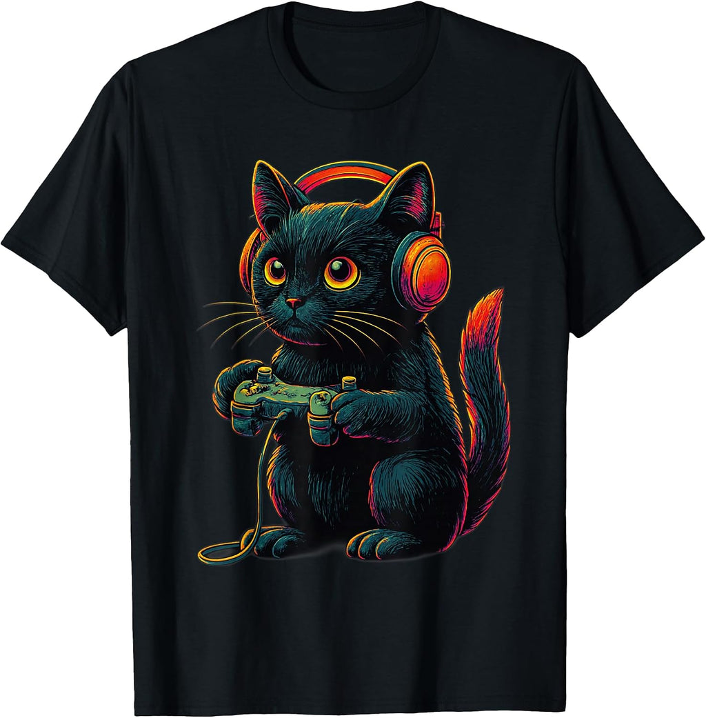 Black Cat Playing Video Games Funny Boys,Kids - Adult & Kids T-Shirts, Sweatshirts & Hoodies apparel design preview 1