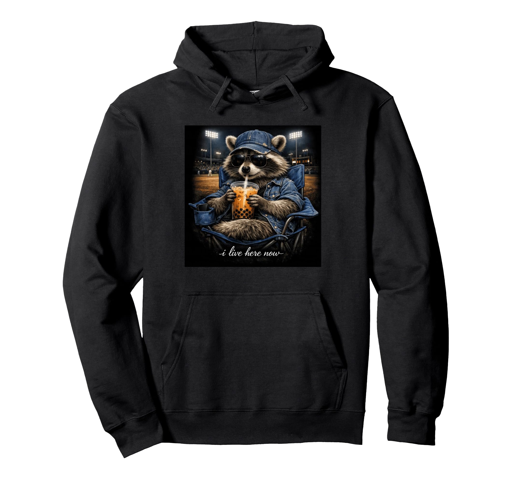 I Live Here Now Funny Raccoon Trash Hoodie - Aesthetic Graphic for Adults - T-Shirt, Sweatshirt, Hoodie