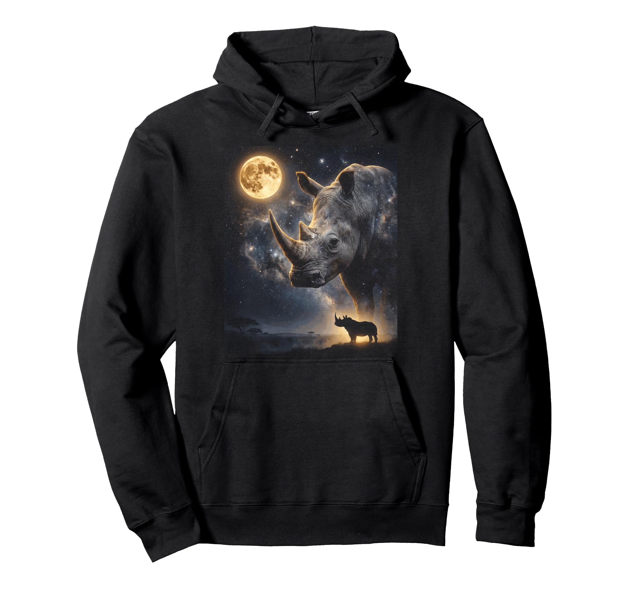 Howling Rhino Full Moon Starry Night 90S Hoodie - Trendy Graphic Men Women - T-Shirt, Sweatshirt, Hoodie