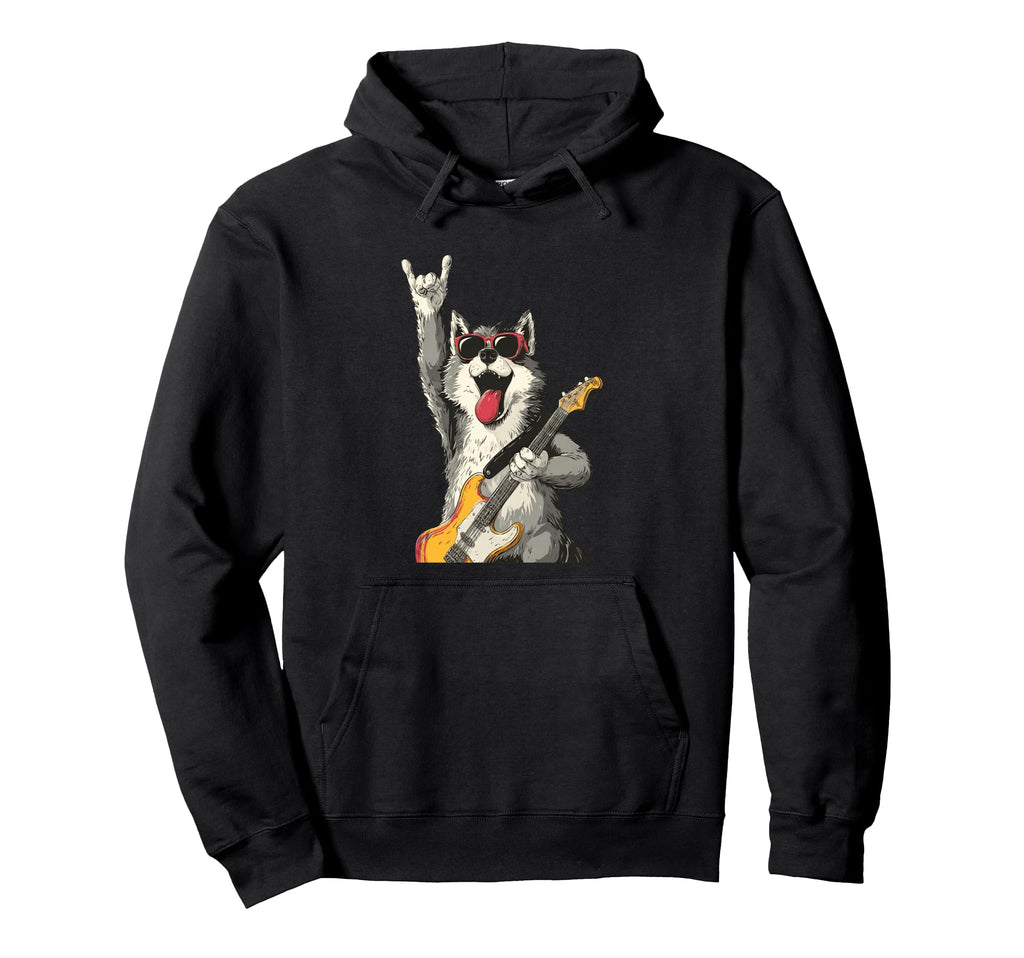 Wolf Rocker Funny Dog Music Lover Hoodie - Fun Novelty Design Men Women - T-Shirt, Sweatshirt, Hoodie