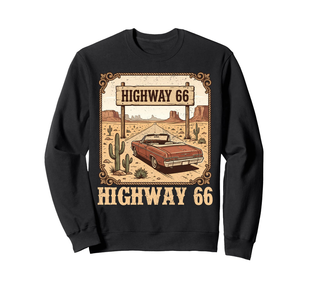 Highway 66 Historic Road American Car Sweatshirt - Trendy Graphic Unisex - T-Shirt, Sweatshirt, Hoodie