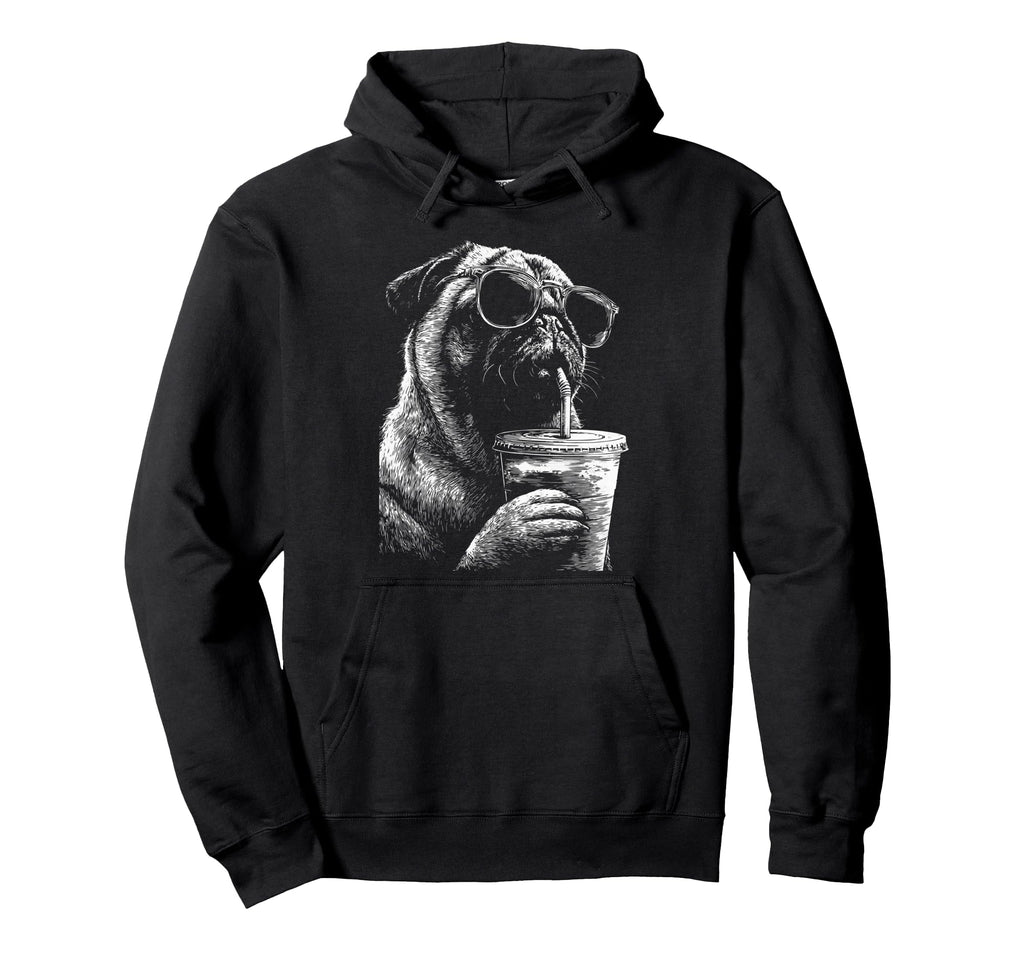 Pug Drinking Iced Coffee Funny Dog Meme Hoodie - Minimalist Print Unisex - T-Shirt, Sweatshirt, Hoodie
