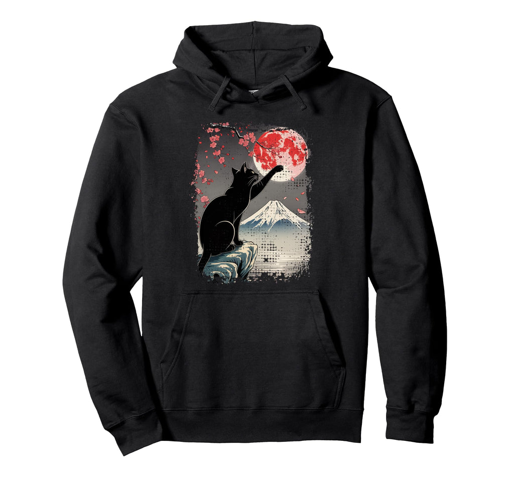 Japanese Art Black Cat And Moon Vibes Hoodie - Aesthetic Graphic for Adults - T-Shirt, Sweatshirt, Hoodie