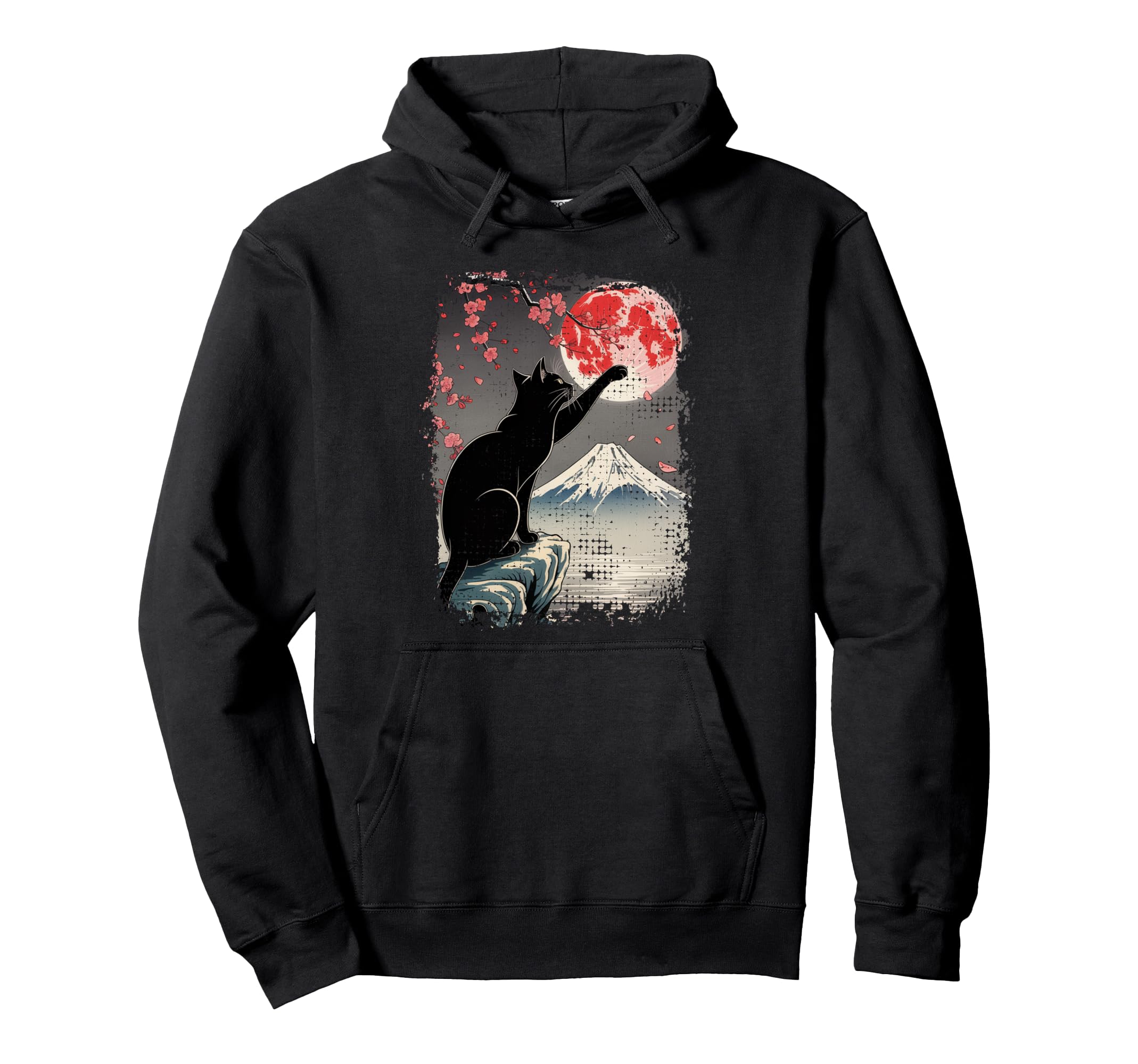 Japanese Art Black Cat And Moon Vibes Hoodie - Aesthetic Graphic for Adults - T-Shirt, Sweatshirt, Hoodie
