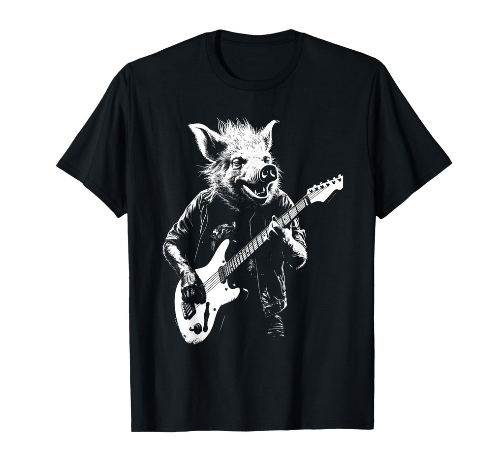 Distressed Hog Pig Playing Guitar T-Shirt - Minimalist Print Men Women - T-Shirt, Sweatshirt, Hoodie