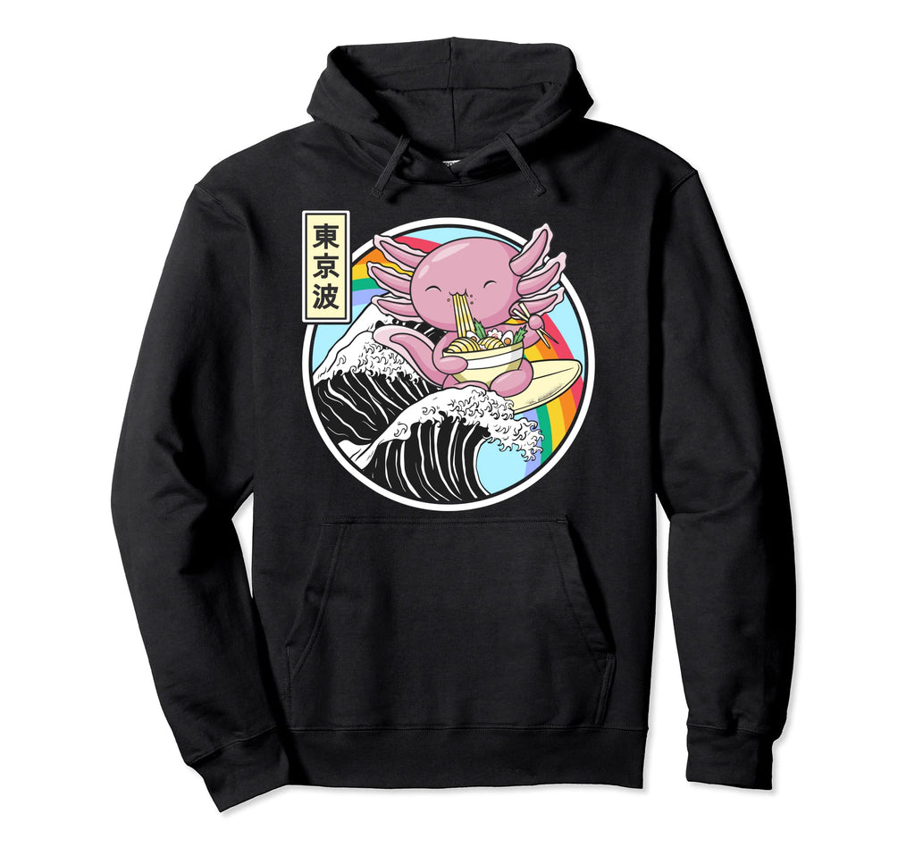 Axolotl Eating Ramen Kanagawa Wave Hoodie - Novelty Apparel for Adults - T-Shirt, Sweatshirt, Hoodie