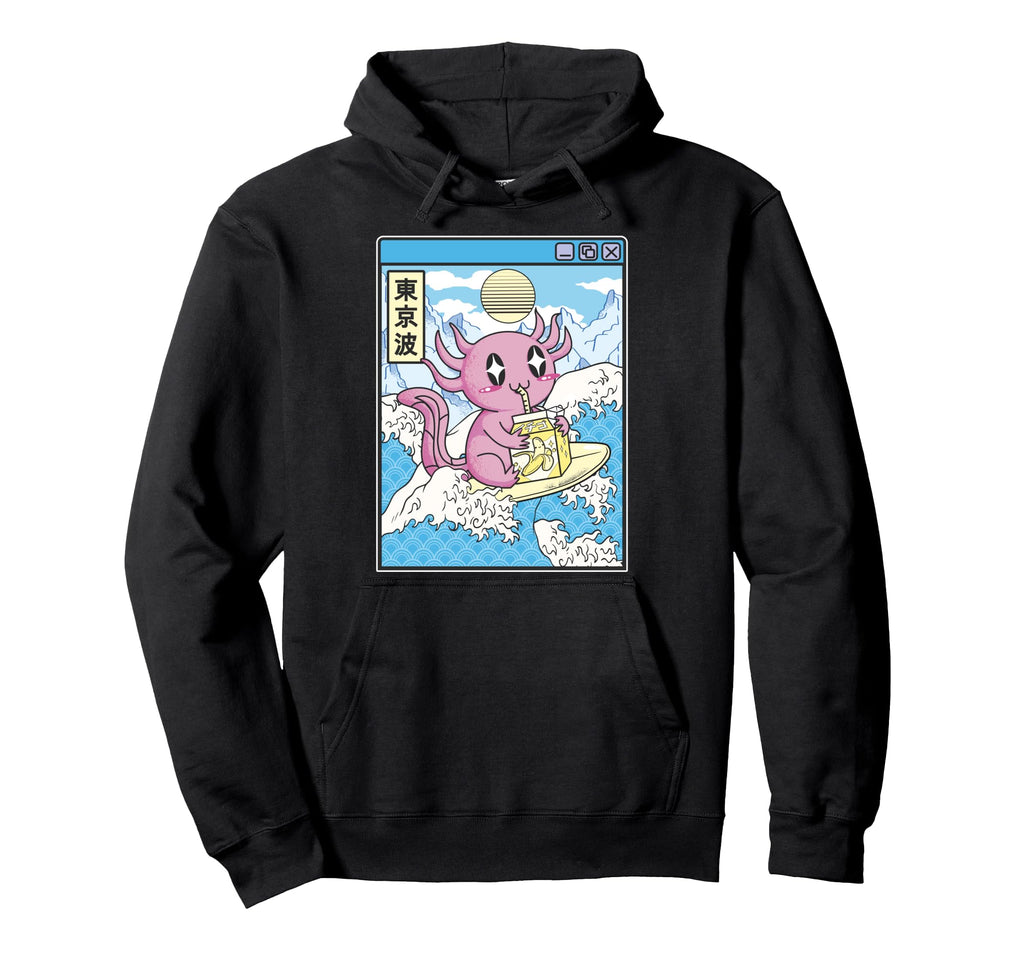 Surfing Axolotl Drinking Banana Milk Hoodie - Novelty Apparel Men Women - T-Shirt, Sweatshirt, Hoodie