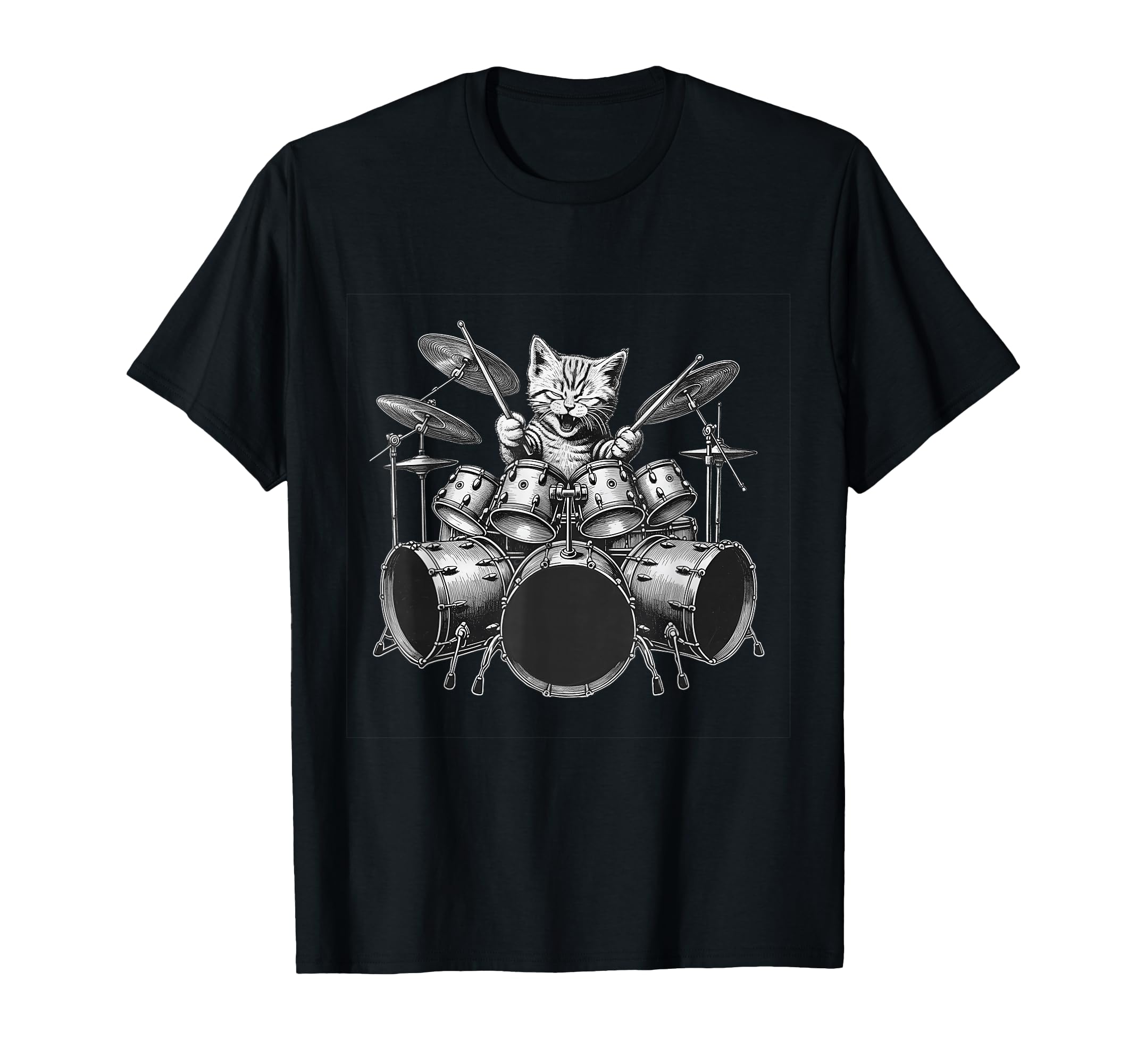 Cat Drummer Playing Drum Kit T-Shirt - Custom Art Print Unisex - T-Shirt, Sweatshirt, Hoodie