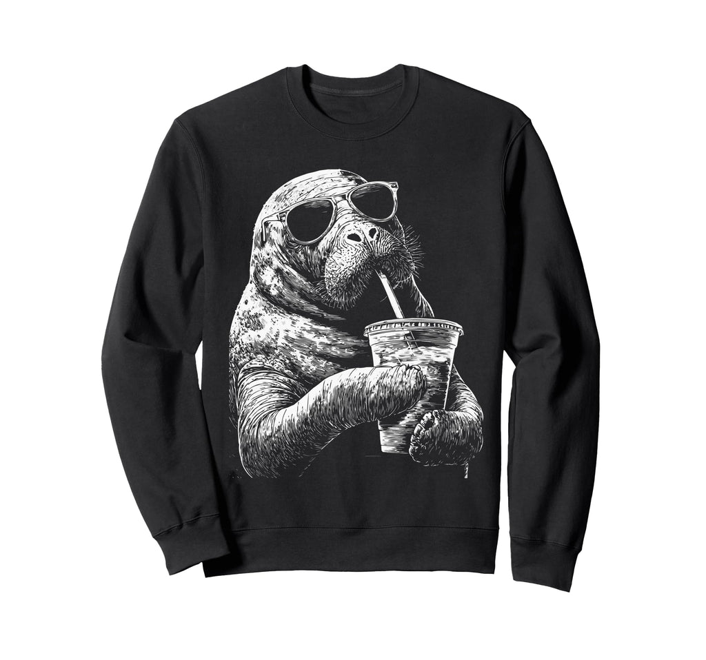Manatee Drinking Iced Coffee Funny Sweatshirt - Streetwear Style Men Women - T-Shirt, Sweatshirt, Hoodie