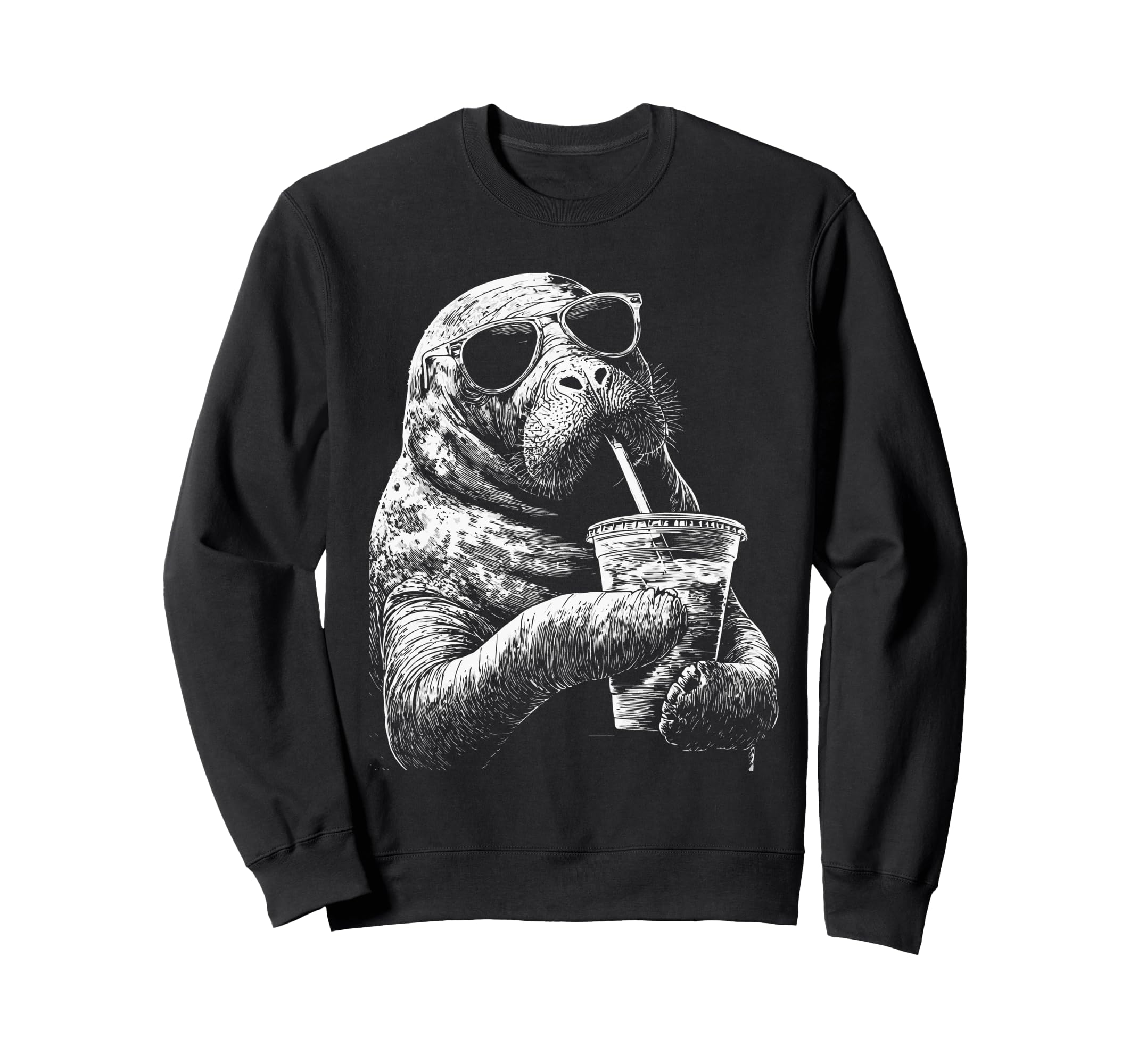Manatee Drinking Iced Coffee Funny Sweatshirt - Streetwear Style Men Women - T-Shirt, Sweatshirt, Hoodie