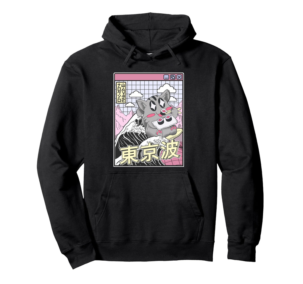 Cat Eating Sushi Surfing Kanagawa Hoodie - Casual Everyday Wear Men Women - T-Shirt, Sweatshirt, Hoodie
