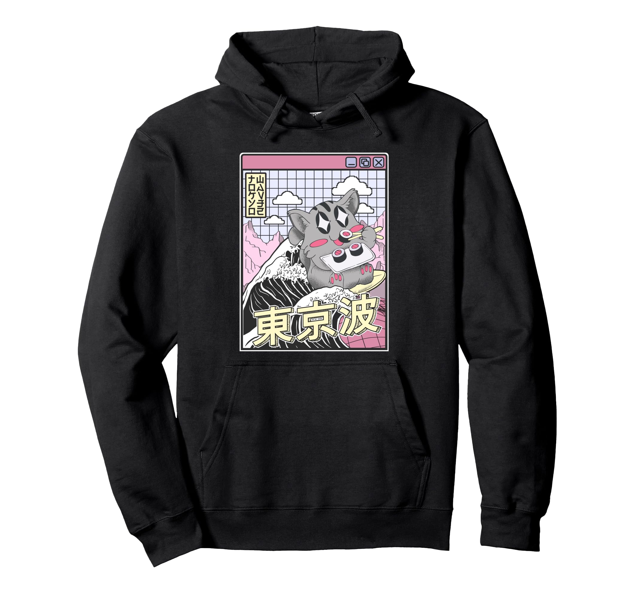 Cat Eating Sushi Surfing Kanagawa Hoodie - Casual Everyday Wear Men Women - T-Shirt, Sweatshirt, Hoodie