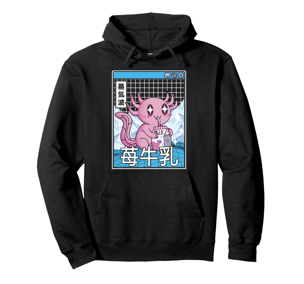Axolotl Strawberry Milk Kawaii Vaporwave Hoodie - Aesthetic Graphic Unisex - T-Shirt, Sweatshirt, Hoodie