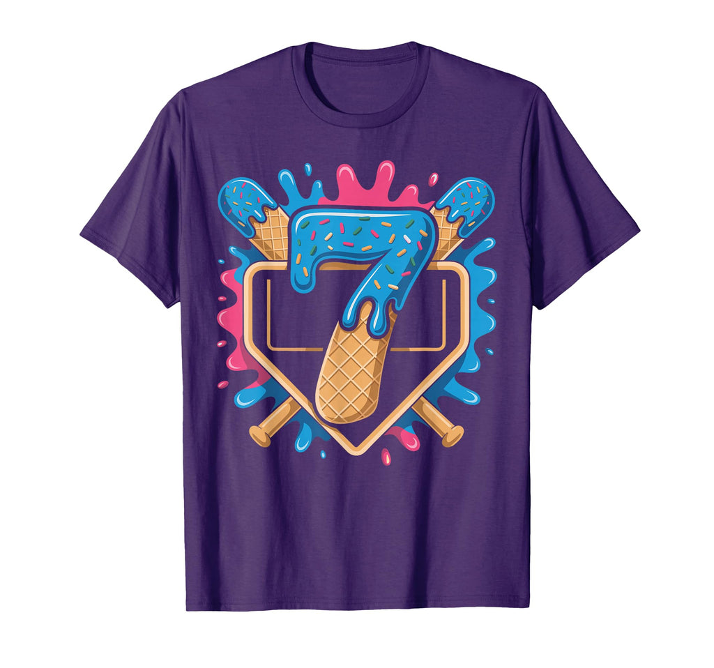 7Th Birthday Baseball Ice Cream Drip T-Shirt - Minimalist Print Men Women - T-Shirt, Sweatshirt, Hoodie
