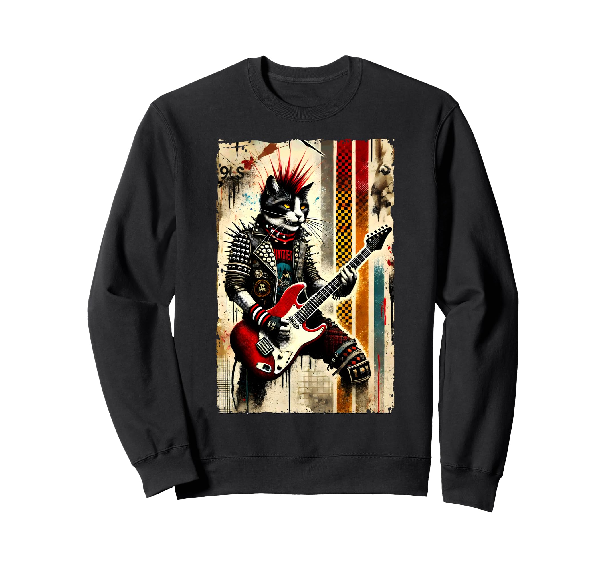Distressed Cat Playing Guitar 90S Punk Sweatshirt - Graphic Print Unisex - T-Shirt, Sweatshirt, Hoodie