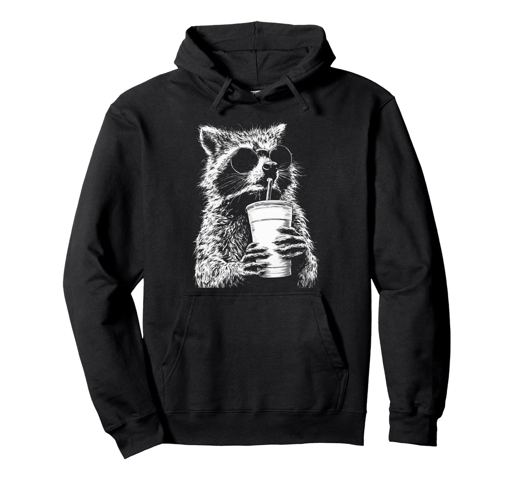 Raccoon Drinking Iced Coffee Funny Hoodie - Trendy Graphic for Adults - T-Shirt, Sweatshirt, Hoodie