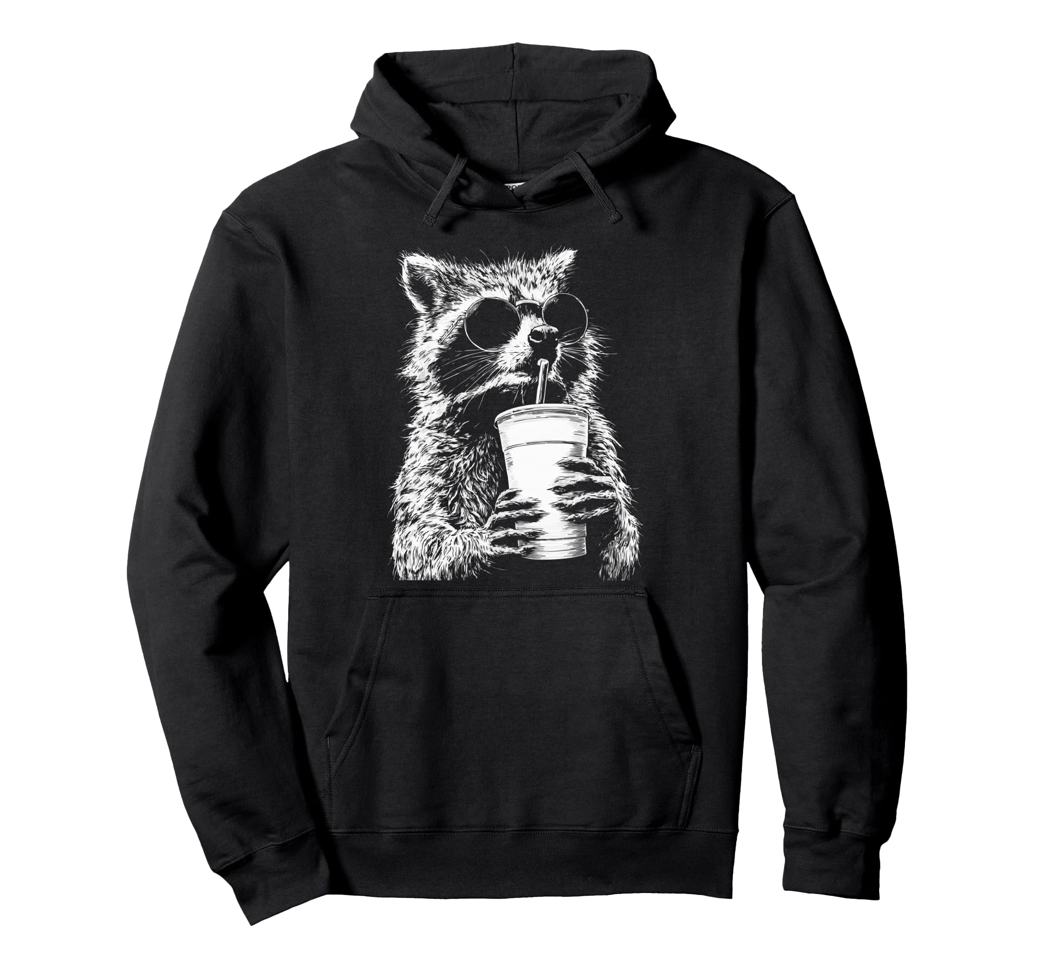 Raccoon Drinking Iced Coffee Funny Hoodie - Trendy Graphic for Adults - T-Shirt, Sweatshirt, Hoodie