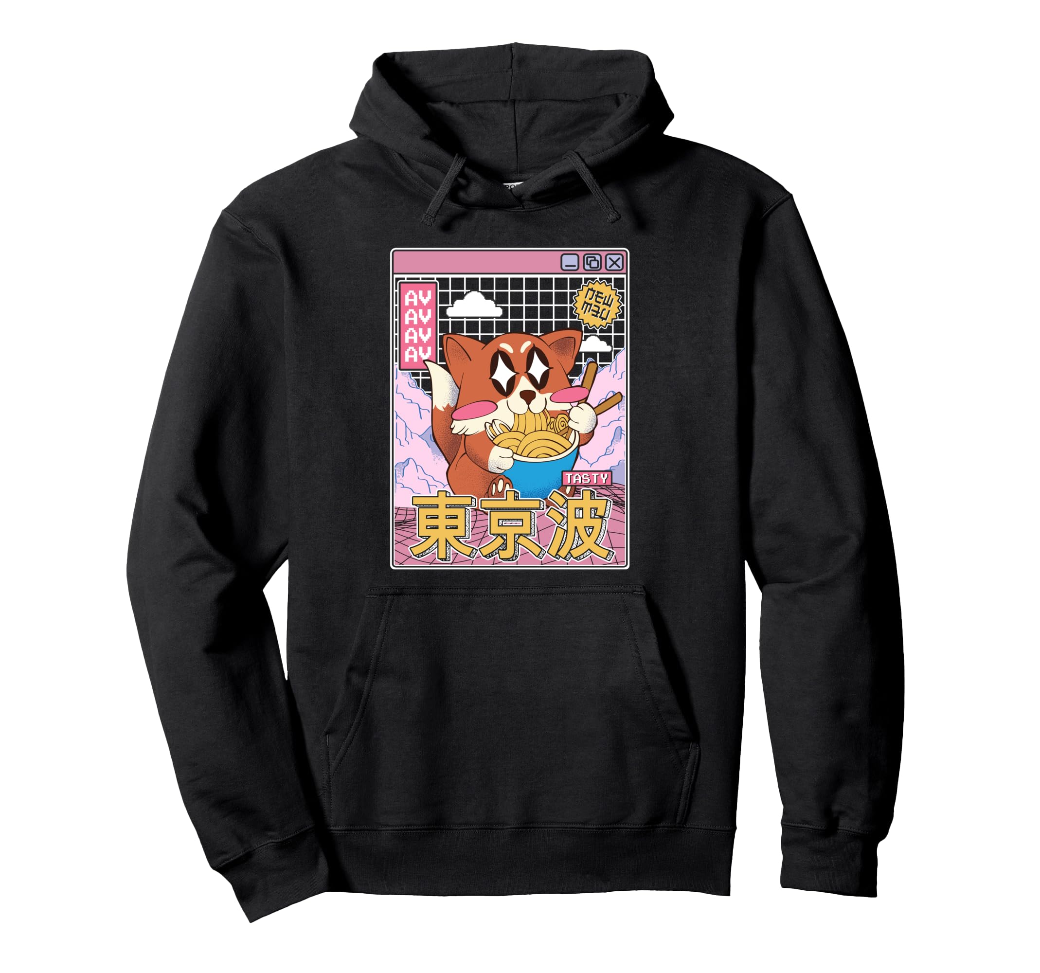 Happy Fox Eating Ramen Vaporwave Hoodie - Graphic Print for Adults - T-Shirt, Sweatshirt, Hoodie