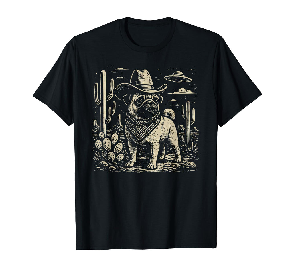Western Pug Cowboy Ufo Dog T-Shirt - Minimalist Print Unisex - T-Shirt, Sweatshirt, Hoodie