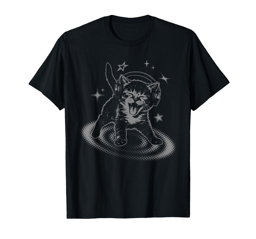 Y2K Cat Headphones Stars Silly 90S Grunge T-Shirt - Trendy Graphic Unisex - T-Shirt, Sweatshirt, Hoodie