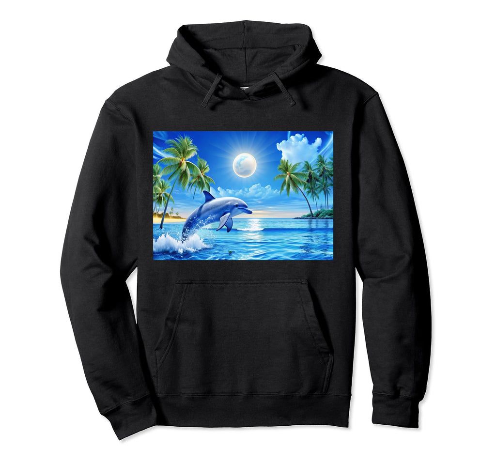 Frutiger Aero Dolphin Sunset Ocean Palm Hoodie - Unique Graphic Unisex - T-Shirt, Sweatshirt, Hoodie