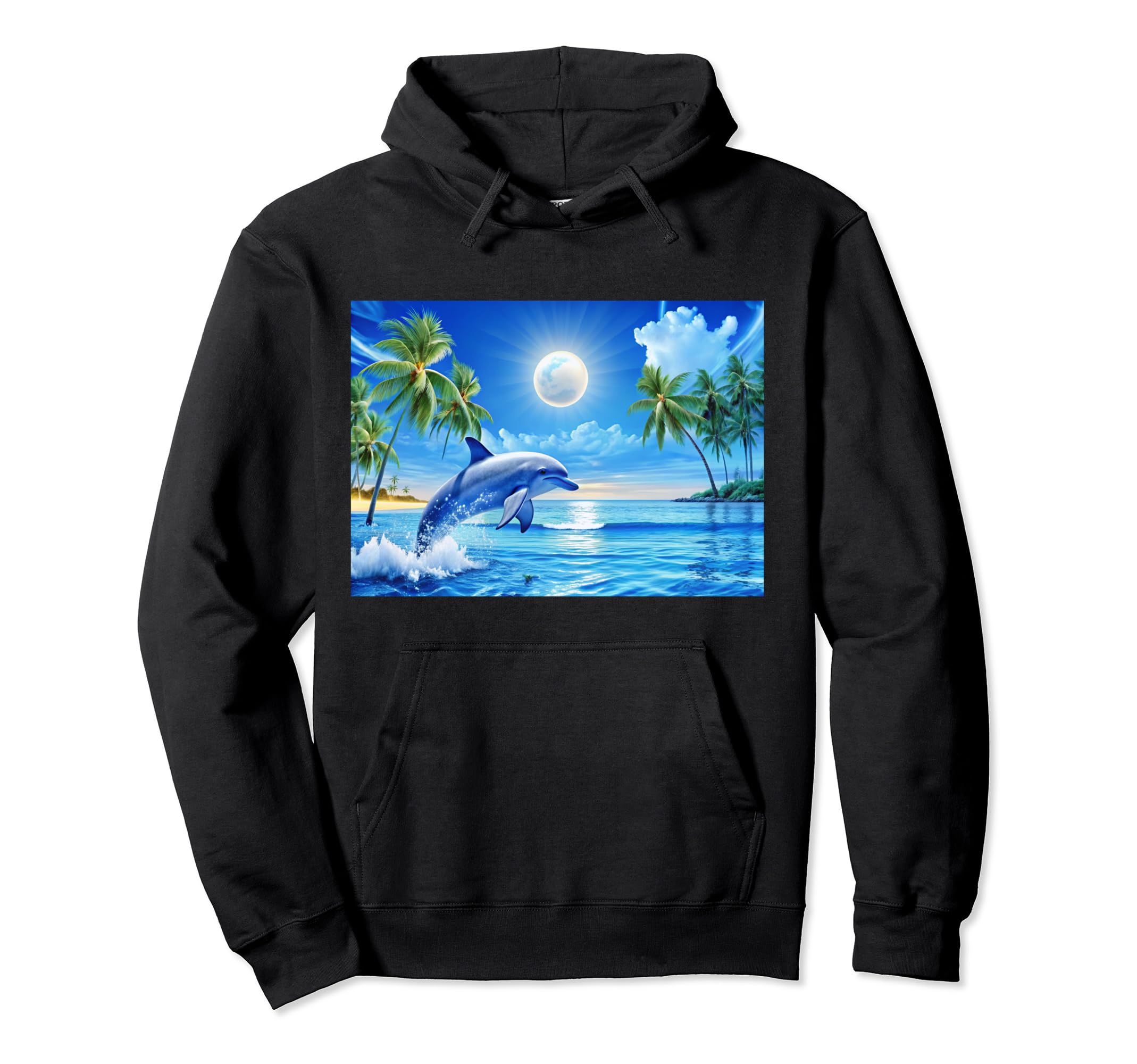 Frutiger Aero Dolphin Sunset Ocean Palm Hoodie - Unique Graphic Unisex - T-Shirt, Sweatshirt, Hoodie