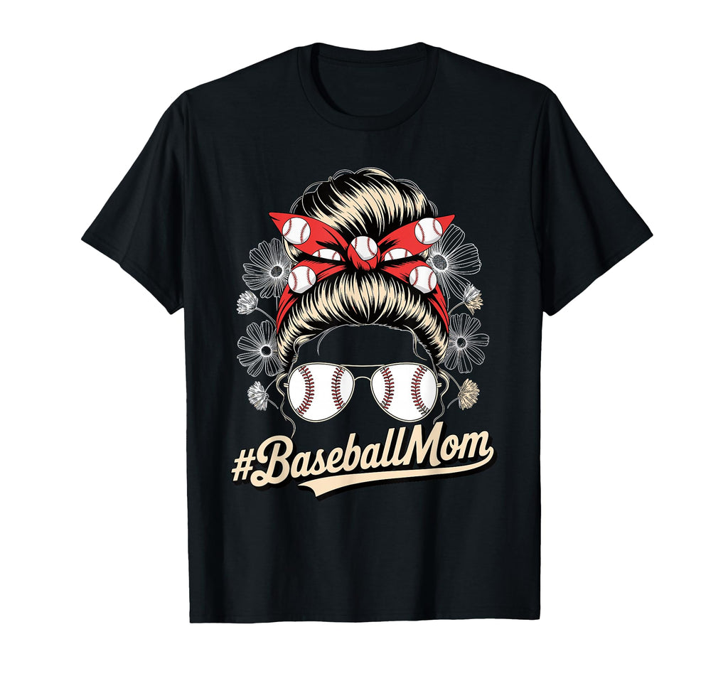 Baseball Mom Messy Bun Floral Game T-Shirt - Minimalist Print for Adults - T-Shirt, Sweatshirt, Hoodie
