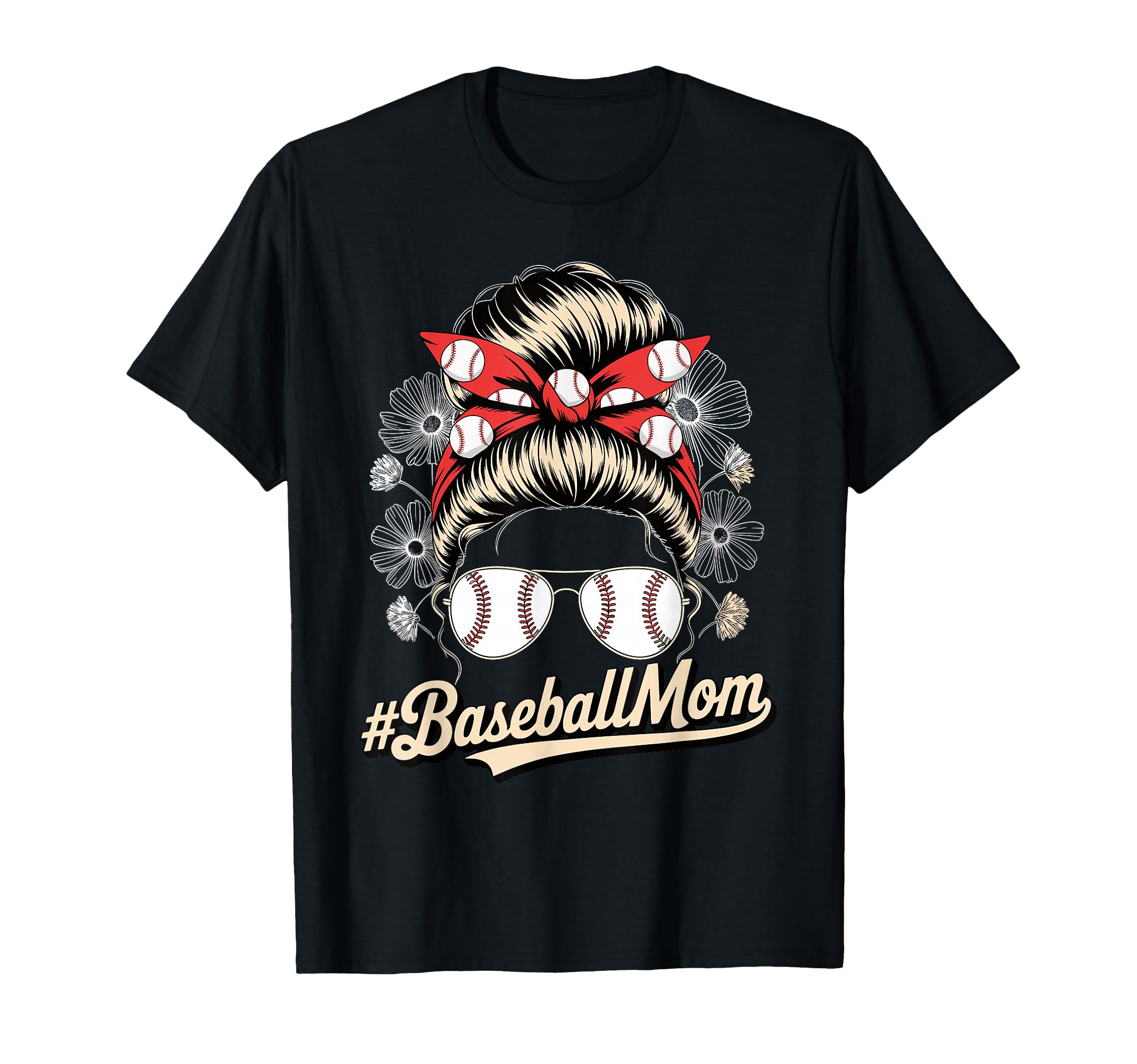 Baseball Mom Messy Bun Floral Game T-Shirt - Minimalist Print for Adults - T-Shirt, Sweatshirt, Hoodie
