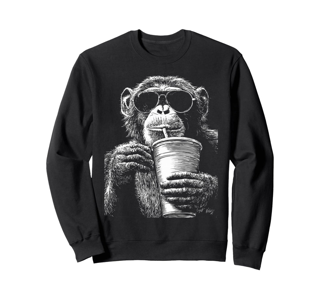 Chimpanzee Drinking Iced Coffee Sweatshirt - Trendy Graphic Men Women - T-Shirt, Sweatshirt, Hoodie